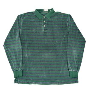 Vintage Monogram Mens Large Green Striped Terry Cloth Long Sleeve Polo Shirt USA